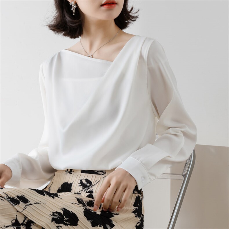 早秋2024年新款醋酸衬衣白衬衫女设计感气质法式缎面上衣,女装衬衫,梦白服饰厂