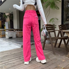 火龙果色窄版阔腿牛仔裤女高腰显瘦夏季薄款宽松垂感直筒拖地裤潮，男装牛仔裤，星座506A