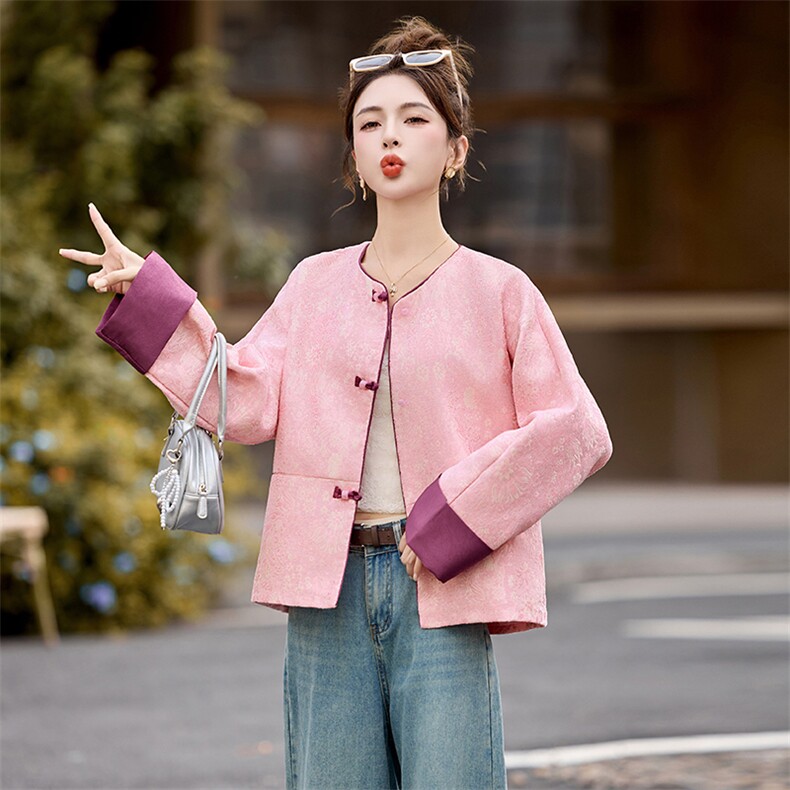 新中式精致盘扣袖口撞色圆领风外套2521P135,女装短外套,乐衣轩