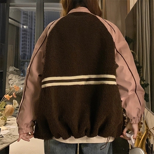 2025女秋冬季韩版立领拼色加厚羊羔毛卫衣拉链炸街棒球服C488-P90图片