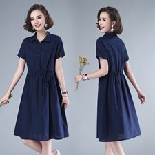 2021年夏季排扣中长款POLO领短袖纯色妈妈连衣裙棉麻韩版裙子，女装连衣裙，伊满意