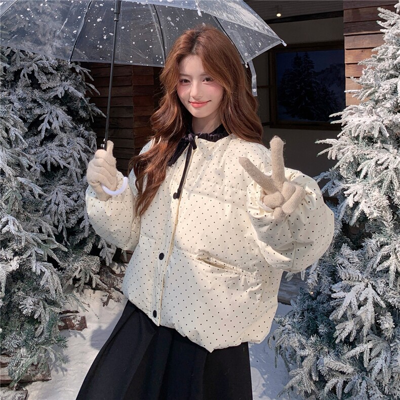 新款现货2025年冬季千金风波点韩系休闲短款丝绒领带羽绒服外套，女装羽绒服，乐吉娜