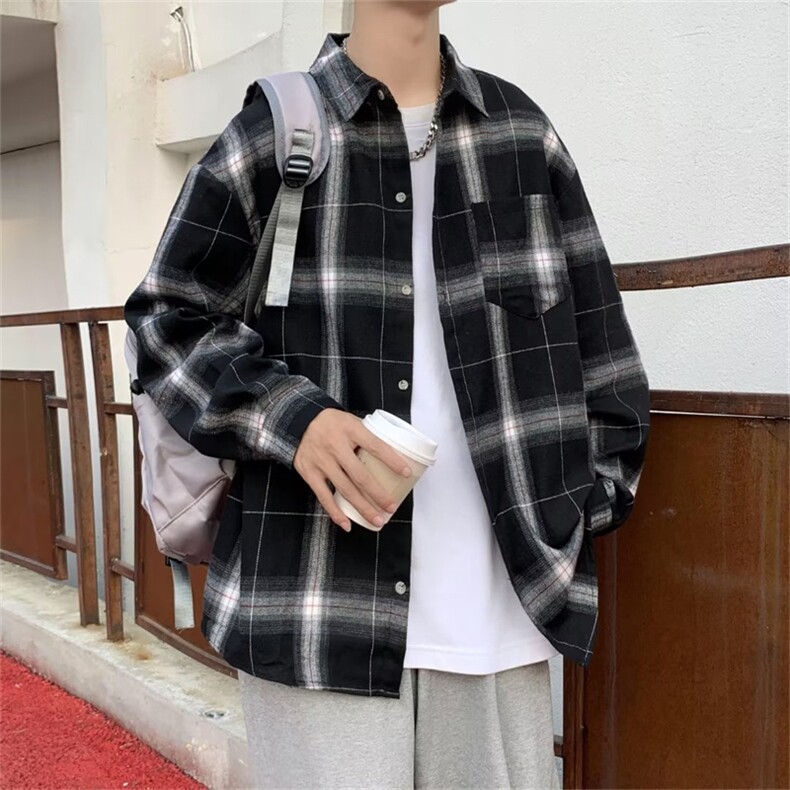 格子长袖衬衫男2022秋季新款潮流ins港风宽松衬衣外套W6104-P32,男装衬衫,星座512-2