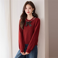 2025年秋季法式小香风气质针织衫女钉珠喇叭袖蝴蝶结新款本命年，女装羊毛衫，艾米