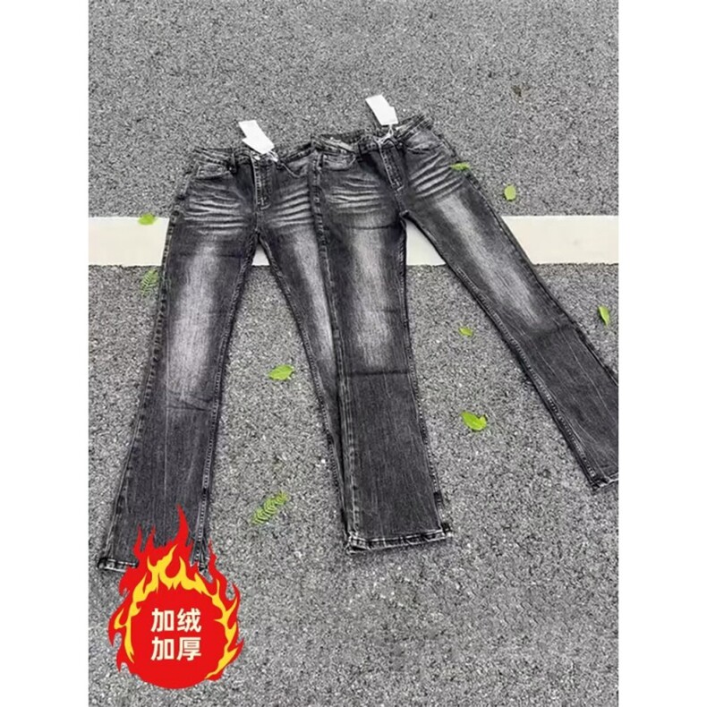 美式复古闪电裂纹牛仔裤加绒加厚直筒裤拖地阔腿裤K8002-P52网图图片