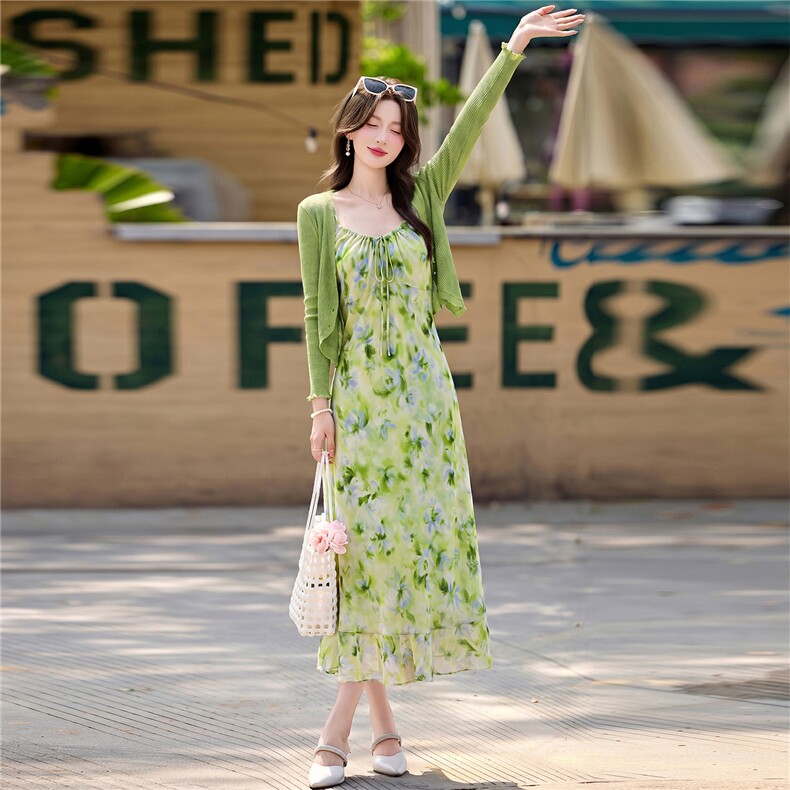 甜美风一花吊带两件套裙,女装连衣裙,鑫鑫美