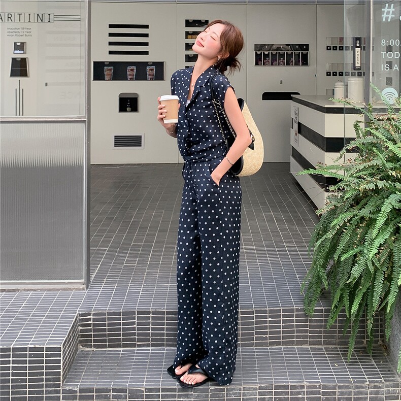 《现货26夏上新》100%苎麻波点无袖长裤气质舒适透气两件套女,女装套装/套裙,苗苗