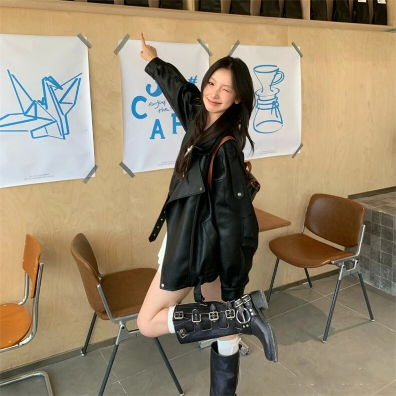 PU9152-P70美式复古重磅黑色PU皮衣外套女设计感宽松机车服夹克,男装皮衣,电商B323A
