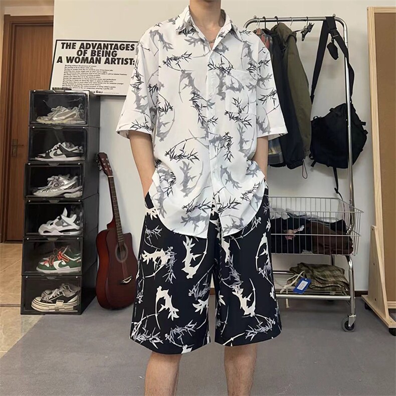 短袖衬衫设计感男休闲套装撞色泼墨印花衬衣短裤两件套TZ103-P43,男装衬衫,电商A178