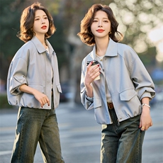 现货皮衣2025年春季新款时髦翻领宽松短款外套，女装皮衣，英标秀（1C119）