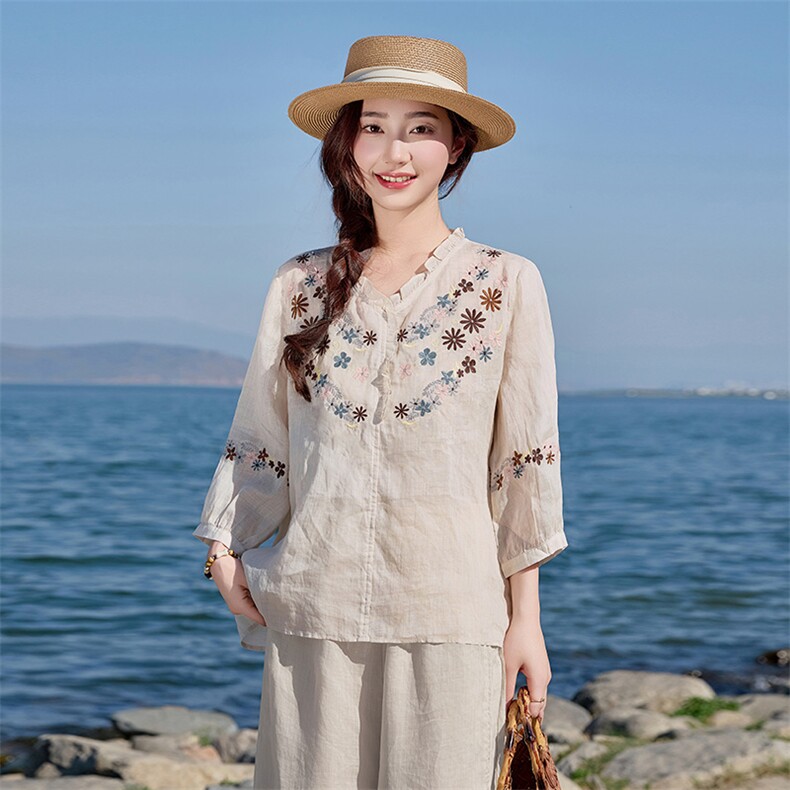 2026年夏季女短袖宽松亲肤透气薄常规苎麻,女装衬衫,江南依恋