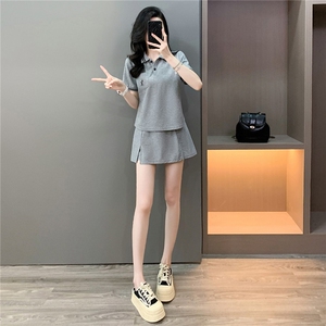 学院风时尚简约套装裙女夏新款修身显瘦Polo领短袖T恤裤裙两件套图片