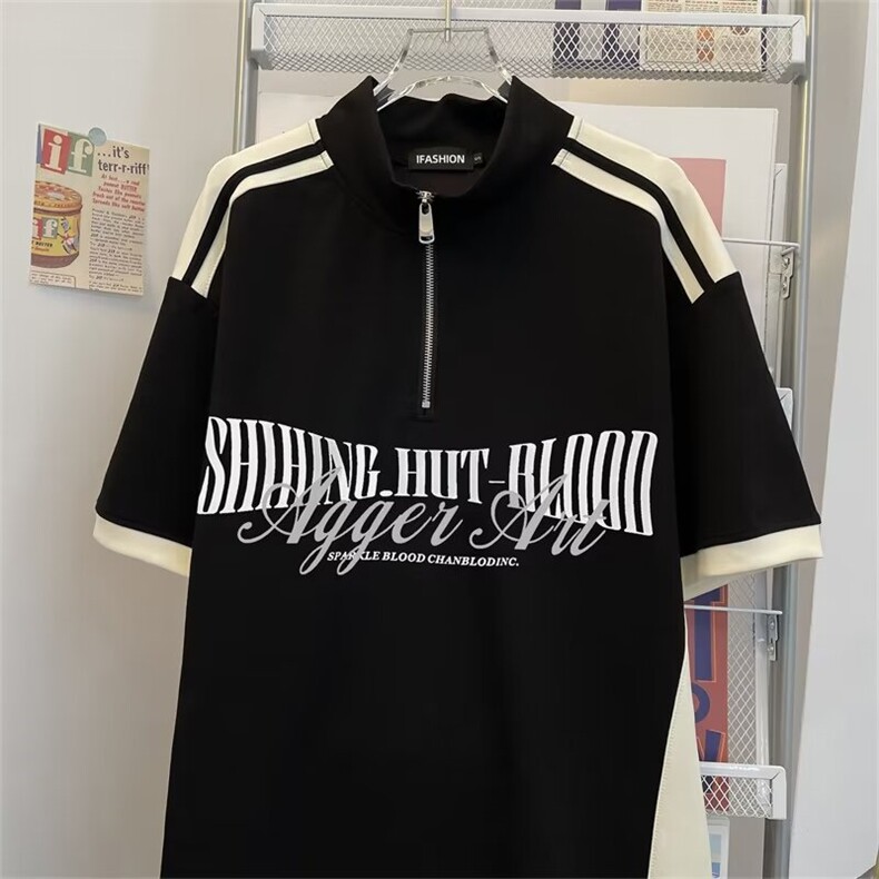 美式高街T恤男士短袖韩版潮字母半拉链2024夏季宽松体恤ST446-P42,男装T恤,星座412-3