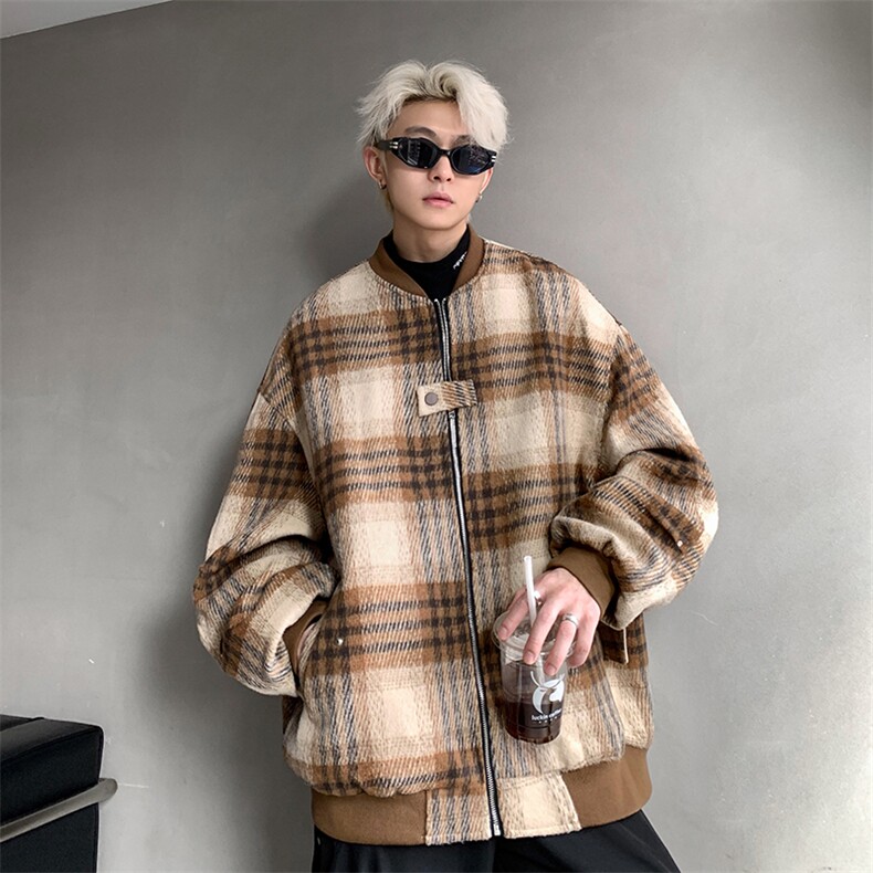 M883TP78毛呢格子外套男港风复古棒球领休闲宽松秋冬廓形夹克上衣,男装夹克,电商A170
