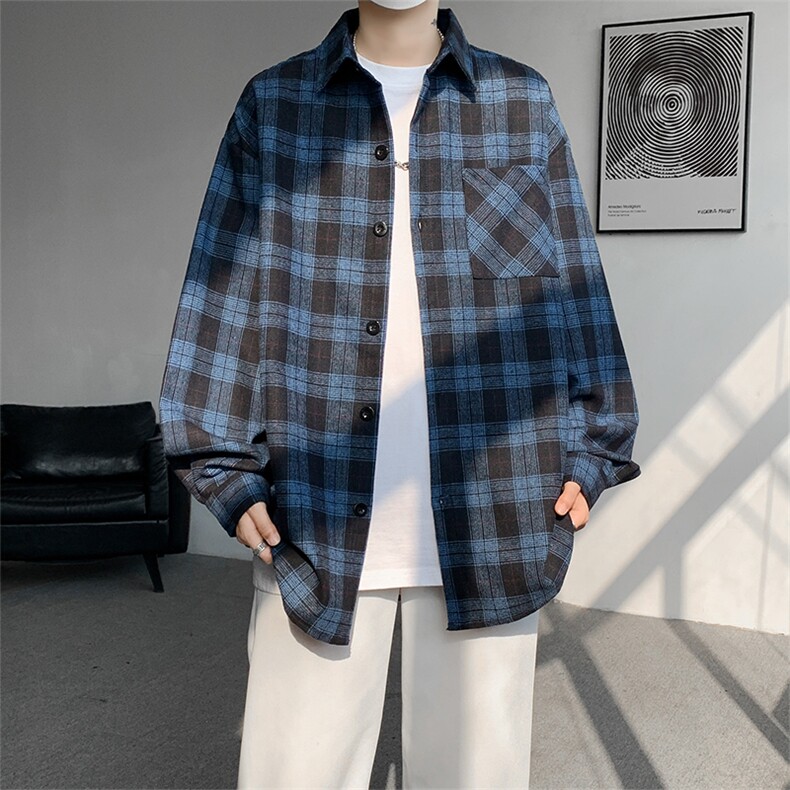 8XL-M格子衬衫男长袖秋季美式复古潮宽松衬衣外套CS516P55控78,男装衬衫,电商D206-1
