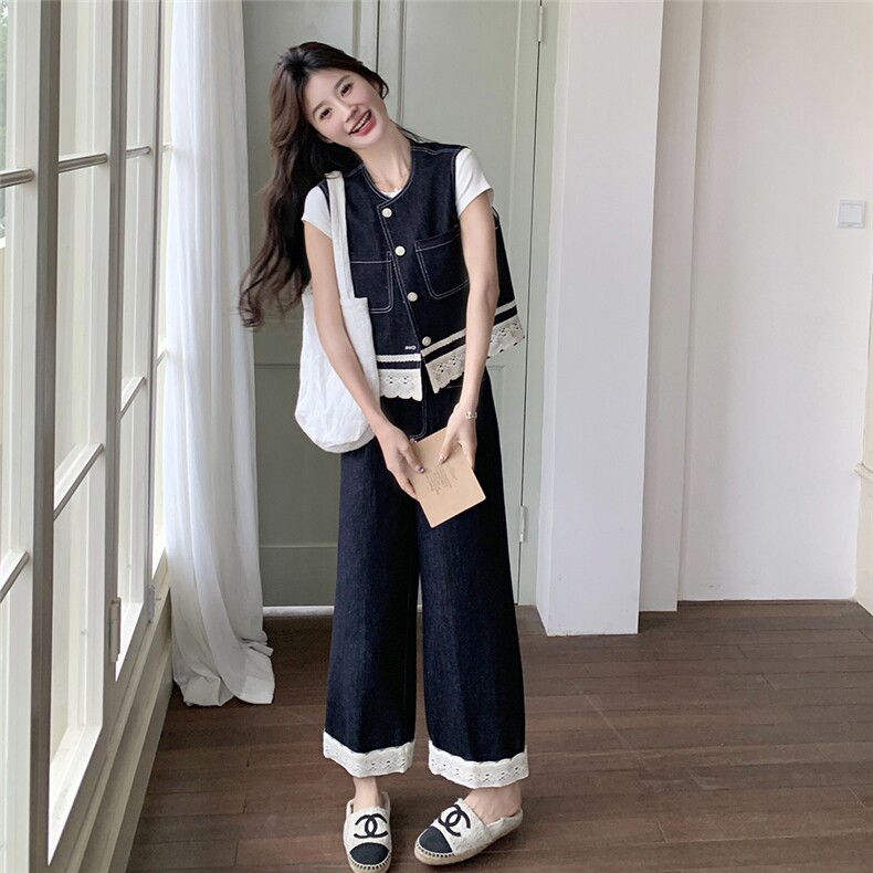 蕾丝拼接牛仔套装女2025夏季新款ootd穿搭设计感马甲阔腿裤两件套,女装套装/套裙,2C012
