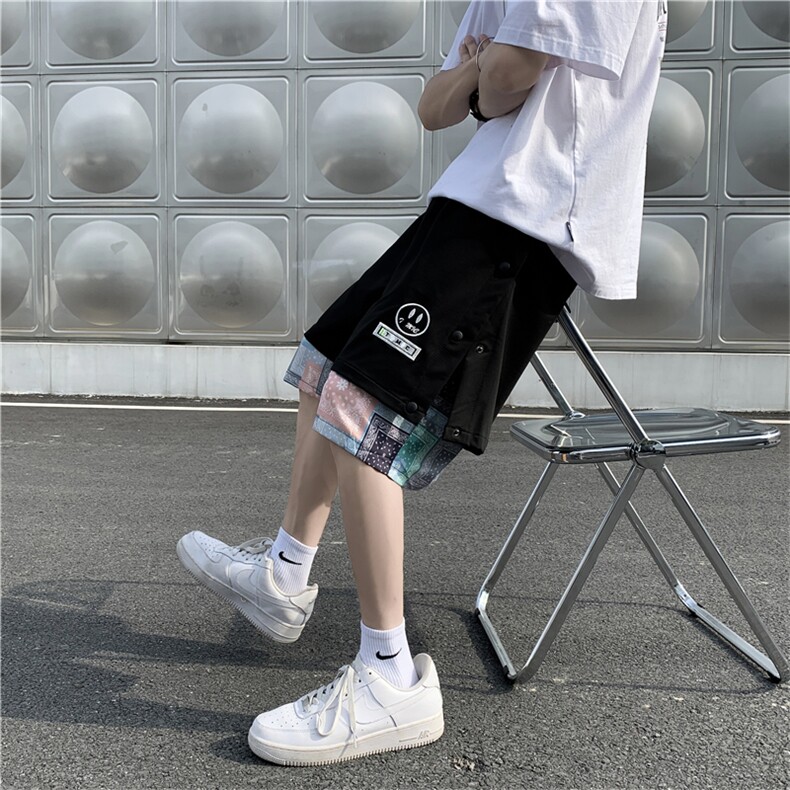 夏侧边排扣拼接腰果花休闲短裤男假两件宽松运动五分裤K904-P28,男装休闲裤,星座512-2