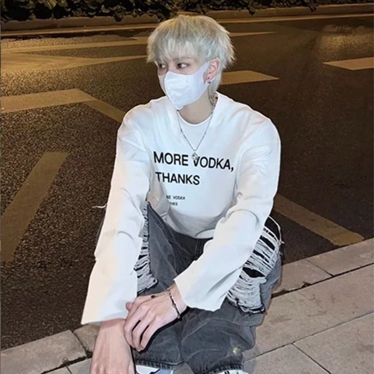 字母印花长袖T恤男秋季美式街头高街复古白色打底衫青少年上衣服,男装T恤,星座506A