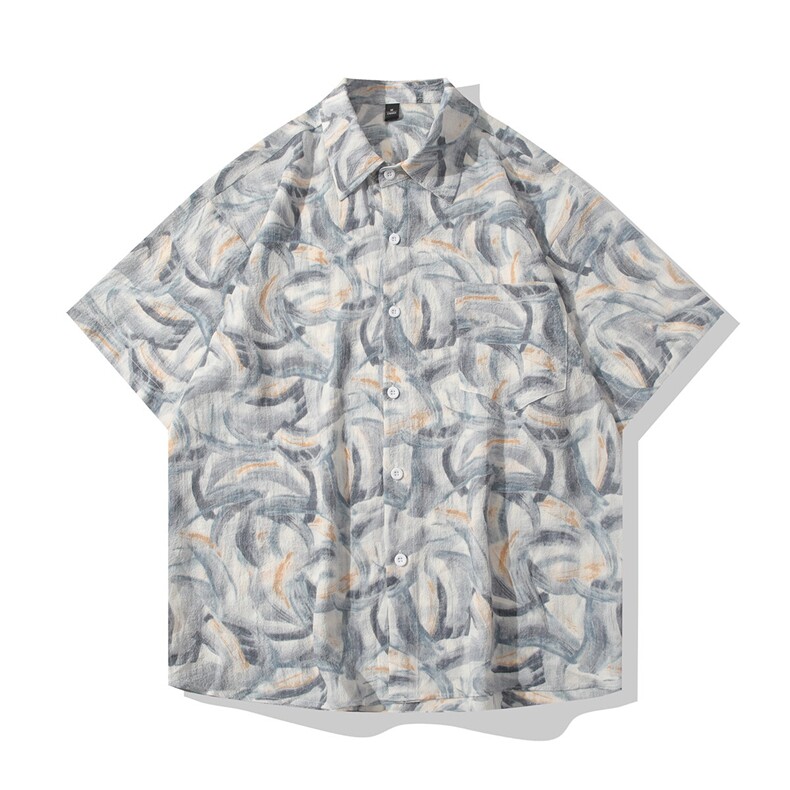 B413-1-DS320冰丝凉感印花短袖衬衫男夏季潮流宽松百搭垂感衬衣服图片