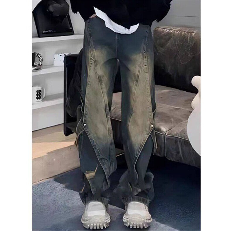 美式复古重工做旧水洗牛仔裤拼接设计感高街直筒阔腿裤89333-p55，男装牛仔裤，星座1008