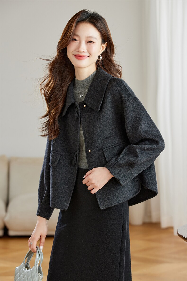 时尚翻领双面羊毛呢外套女2025春秋新款高端减龄气质短款羊毛大衣,女装毛呢外套,奕可儿