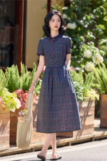 田园风斜领碎花刺绣连衣裙女春夏收腰显瘦中长裙（细节图颜色为），女装连衣裙，水衣源