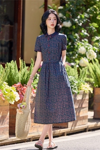 田园风斜领碎花刺绣连衣裙女春夏收腰显瘦中长裙（细节图颜色为）图片