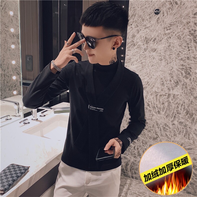 送围脖装饰双面绒长袖T恤社会精神小伙潮男小衫C301B-CT06特,男装T恤,电商C301B