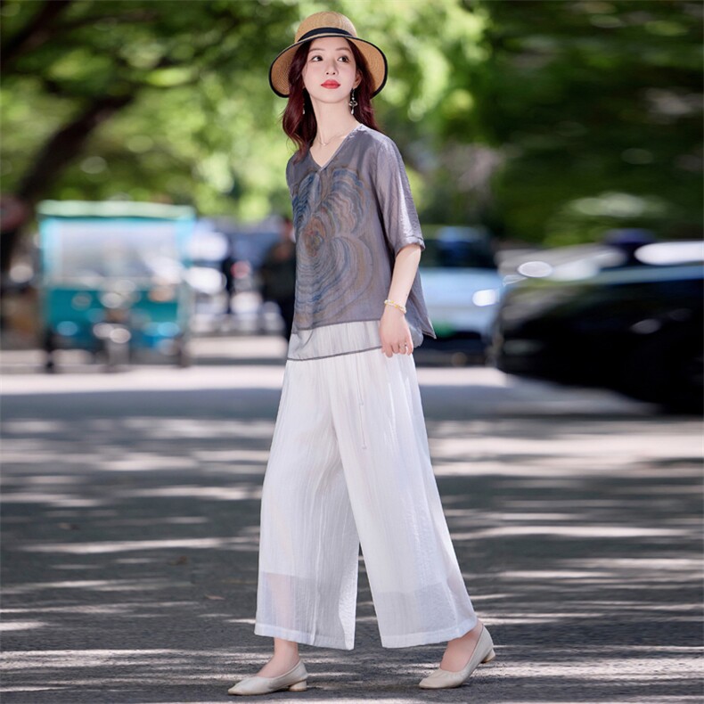 现货！夏季新款2025套装女简约时尚优雅气质天丝麻印花两件套,女装套装/套裙,涵墨