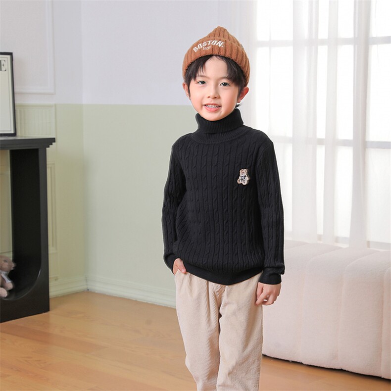 时尚儿童高领毛衣简约纯色扭花设计舒适保暖针织衫，童装毛衣，绒颖羊绒
