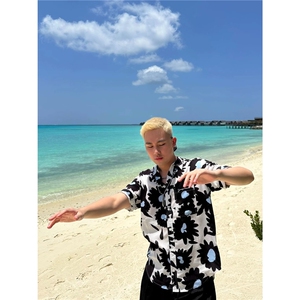 夏威夷风衬衫男女度假慵懒风情侣雏菊印花短袖衬衣CYA32-P38图片
