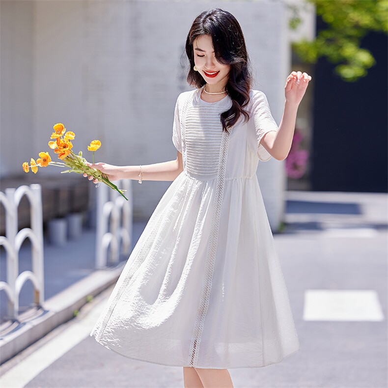 现货！2024夏装新款拼花边纯色连衣裙,女装连衣裙,梦芯尔