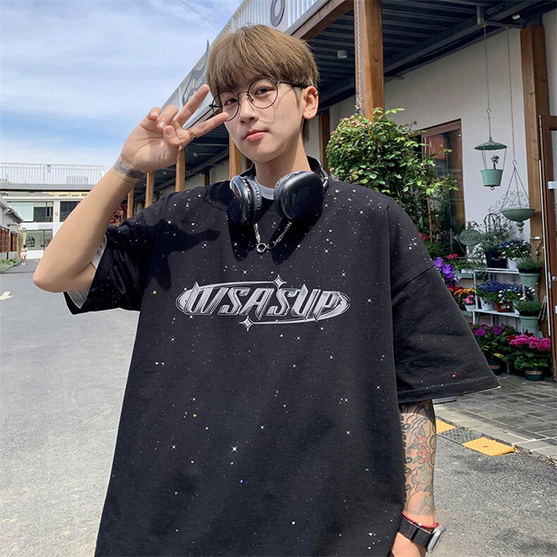 量大优供抖音视频支持得物配合二开美式满天星亮片短袖T恤MTX263,男装T恤,电商A486