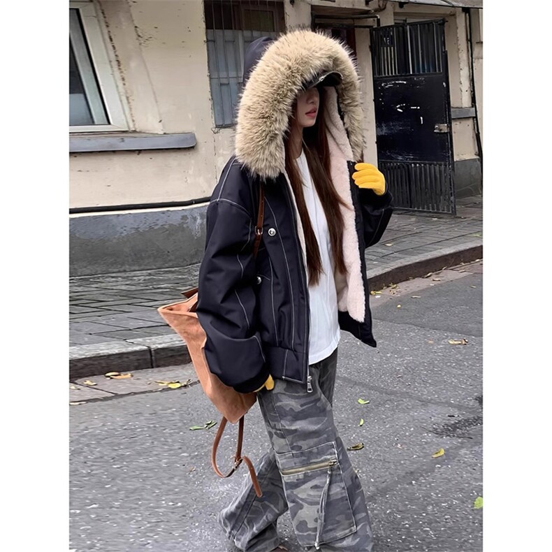 现货重磅boxy短款棉衣座山雕大毛毛领男女棉服水洗工装厚外套,男装棉衣,电商A486