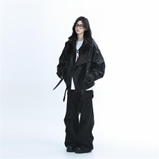 PU9152-P70美式复古重磅黑色PU皮衣外套女设计感宽松机车服夹克，男装皮衣，电商B323A