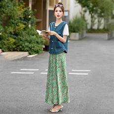 2025夏季新品欧货套装裙圆领飘带牛仔马甲老钱风碎花半身裙两件套，女装套装/套裙，布芭啦