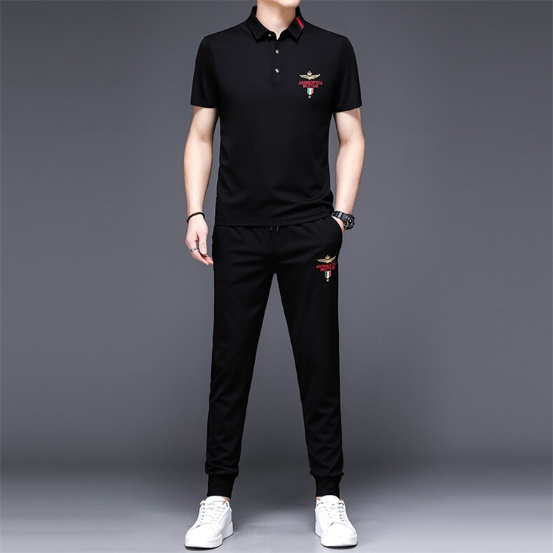 2023新款男士休闲运动套装中年男装夏季翻领短袖t恤冰丝一套衣服,男装休闲套装,电商B212（原钱塘6029）