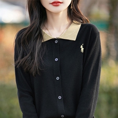 2025春季新款时髦POLO领薄款外套女显瘦翻领宽松大码针织打底开衫，女装针织衫/毛衣，佰米娇羊绒