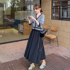 小香风针织开衫吊带连衣裙套装女2025春新款温柔风气质显瘦两件套，女装套装/套裙，维壹