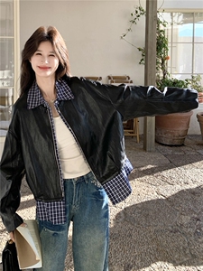 设计感假两件格纹拼接皮衣短外套女2026春季新款宽松休闲显瘦夹克图片
