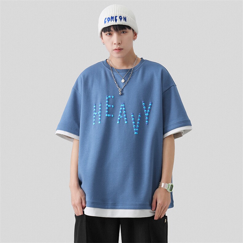 新款夏季短袖珠地面料宽松刺绣印花假两件男士T恤ZDY3416-P49,男装T恤,星座717