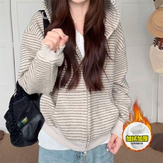 480G重磅加绒硬挺boxy男女秋冬美式高街条纹毛呢卫衣开衫厚外套，女装短外套，电商A486