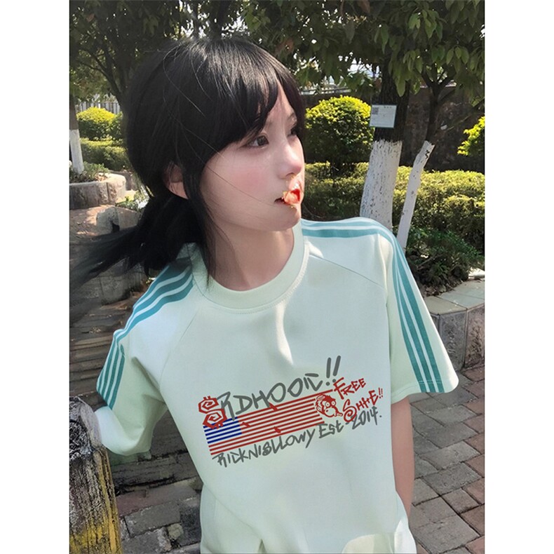 抖音得物品质二开240克宽松纯棉美式潮牌印花三条杠中性风短袖T恤,男装T恤,电商A486-1