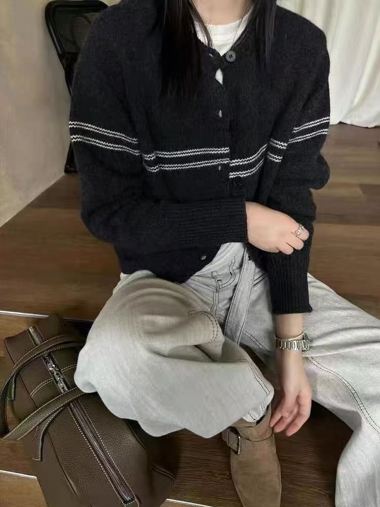 女士秋冬羊毛加厚拼色圆领开衫,女装羊毛衫,百纯羊绒