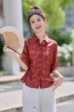 时尚大码女2025夏季高级感妈妈装天丝衬衫超好看宽松遮肉印花上衣，女装衬衫，余墨