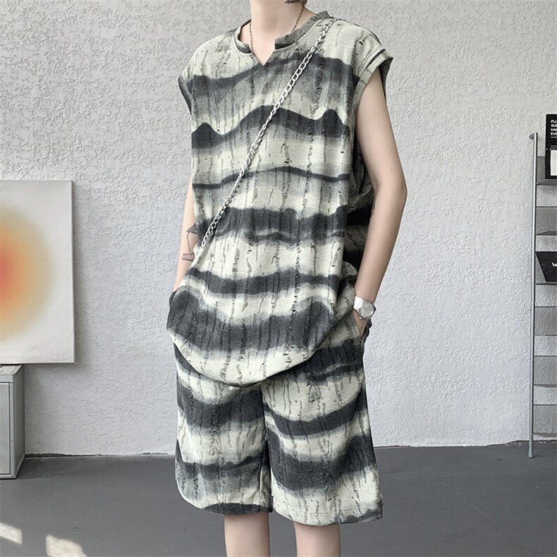 特批P48无差价夏季不规则条纹扎染V领背心大码两件套装男TZ5590，男装休闲套装，电商A001-1
