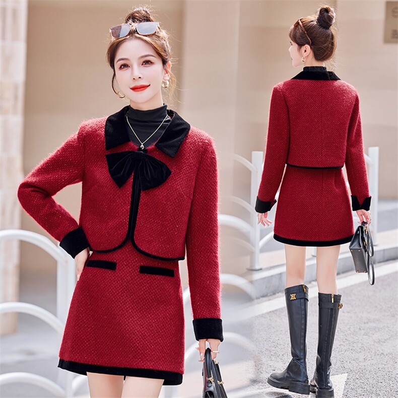 小香风套装2025春秋小个子高级感网红洋气红色短裙两件套职业装女，女装套装/套裙，韩宇舍