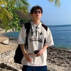 半拉链t恤男polo衫美式复古高街青少年短袖衬衫潮牌潮流夏季体恤，男装T恤，星座506A