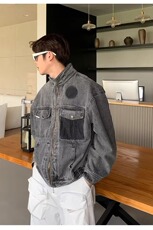 复古做旧重磅水洗牛仔外套男士立领休闲夹克百搭潮牌工装机车上衣，男装工装外套，星座218-1（原230）