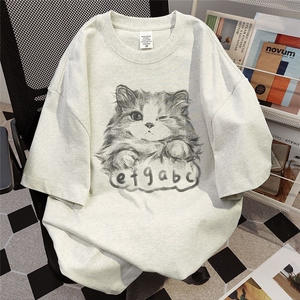 T0729-P25 日系手绘猫咪纯棉印花短袖 情侣款宽松百搭上衣图片